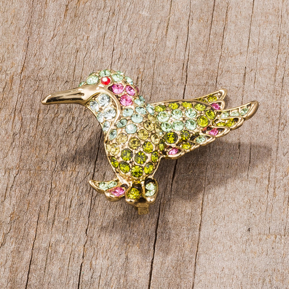 Multicolor Green Humming Bird Brooch With Crystals