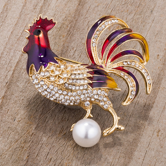 Gold Tone Multicolor Rooster Brooch With Crystals