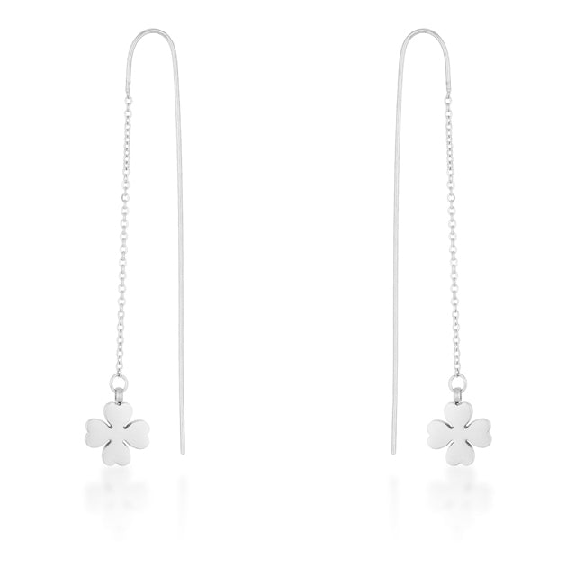 Patricia White Gold Rhodium Stainless Steel Clover Threaded Drop Earrings