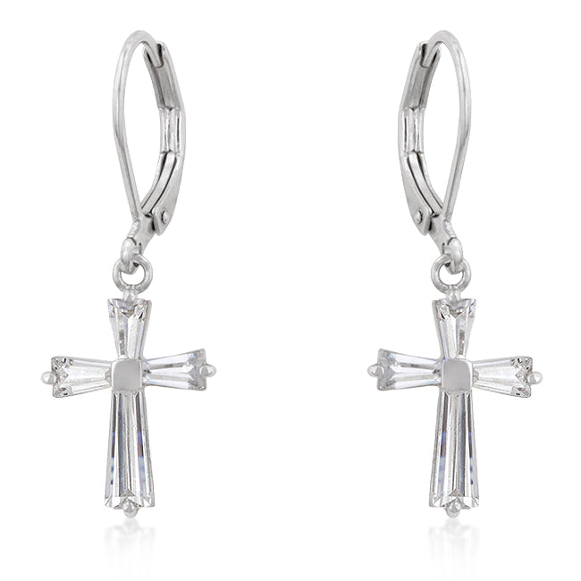 Cubic Zirconia Silvertone Finish Cross Earrings