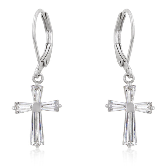 Cubic Zirconia Silvertone Finish Cross Earrings