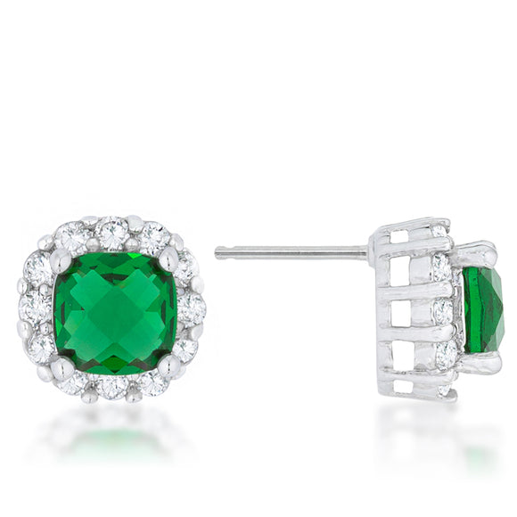 Liz 2ct Emerald CZ White Gold Rhodium Classic Cushion Stud Earrings