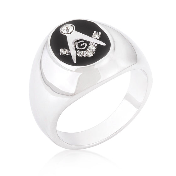 Silvertone Onyx Cubic Zirconia Masonic Ring