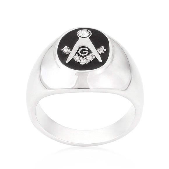 Silvertone Onyx Cubic Zirconia Masonic Ring